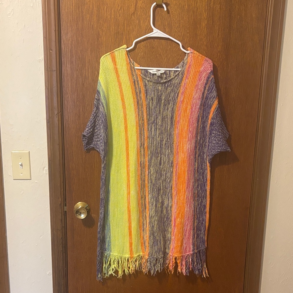 Colorful Knit Fringe SS Swtr Boho Western Artsy Sz S